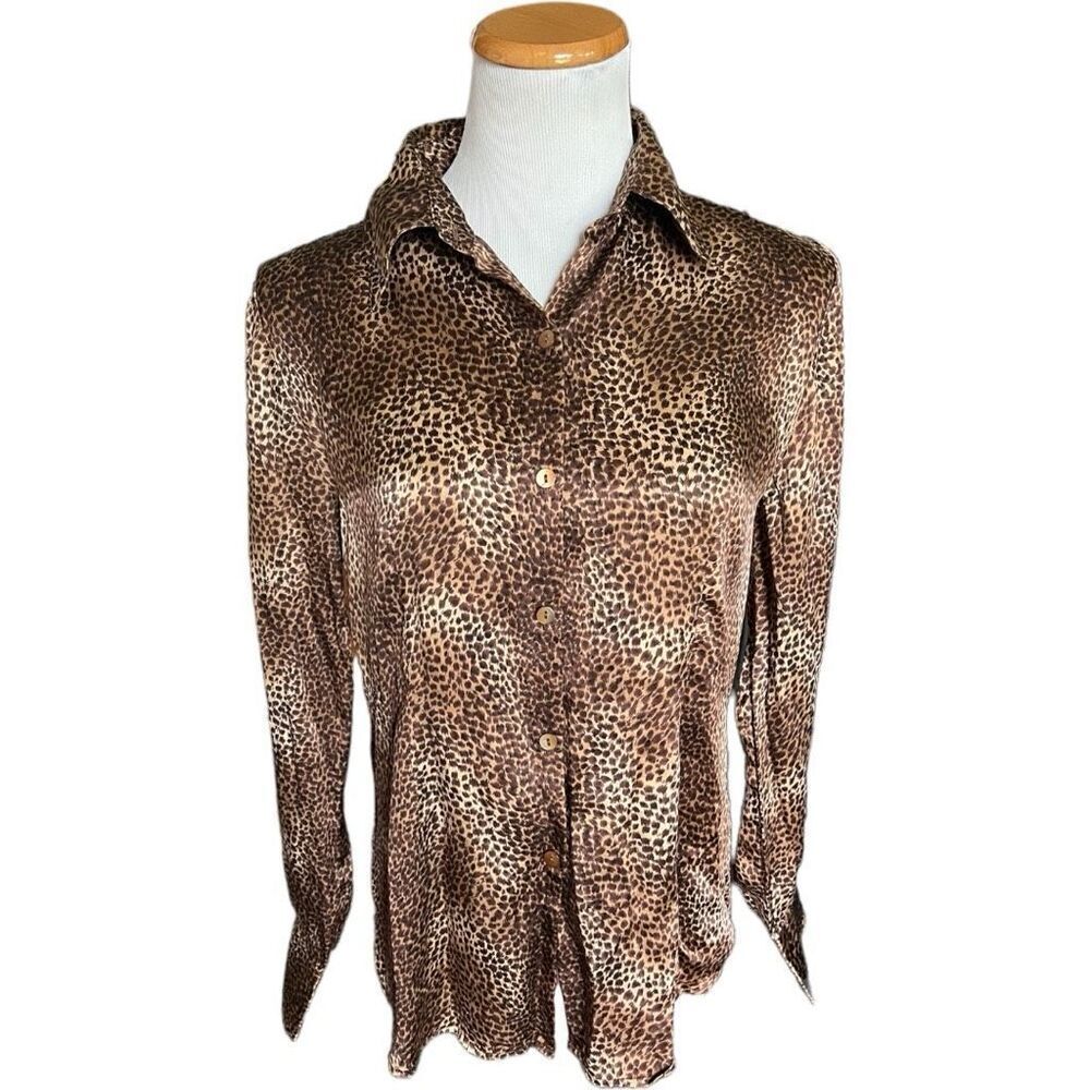 Womens Catherines Vintage Silk Animal Print Leopard Button Down Shirt - Sz 10
